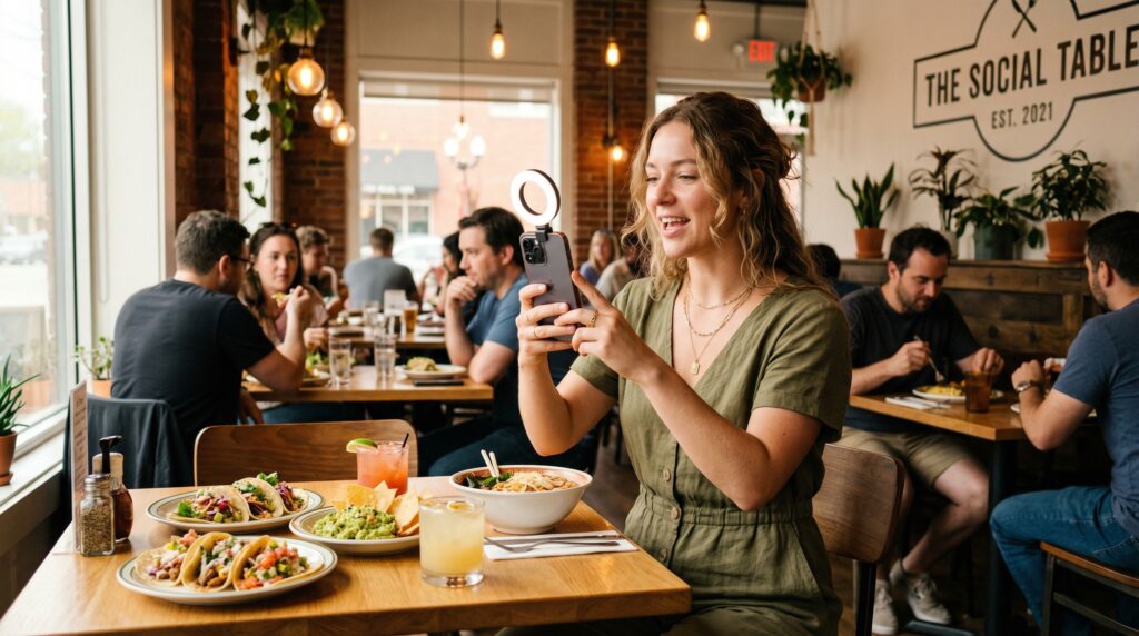 Bay Area restaurant customer creating user-generated content by photographing her meal with a smartphone and ring light