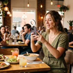 Bay Area restaurant customer creating user-generated content by photographing her meal with a smartphone and ring light