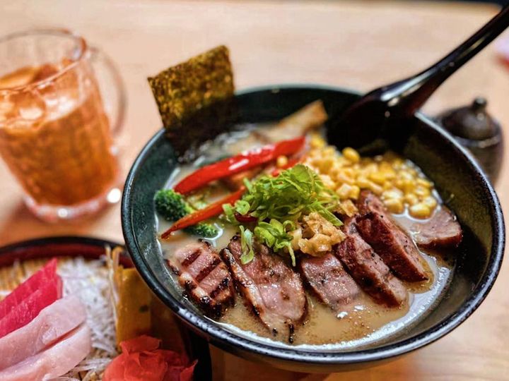 Pork-belly chashu duck ramen served at a San Francisco Bay Area restaurant — the kind of scroll-stopping dish your Instagram link in bio should be ready to convert into a reservation.